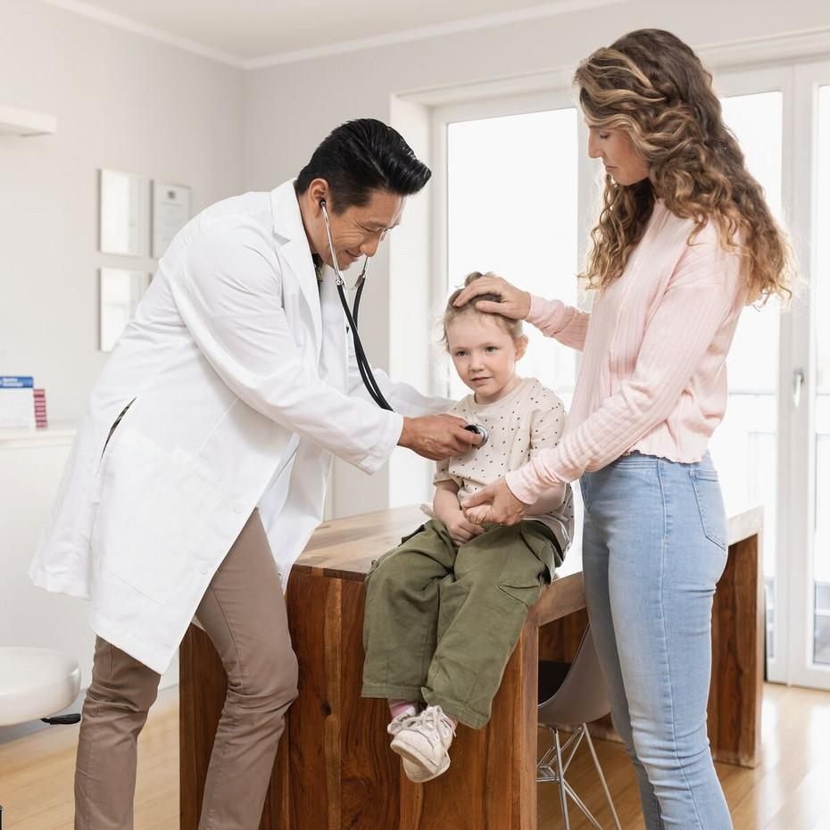 A GP examining a young child with a stethoscope while her mother looks on