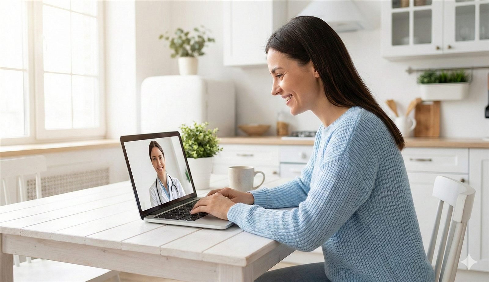 A woman smiling as she talks to a GP by video from her kitchen at home